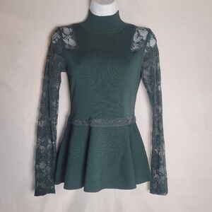 INC International Concepts Dark Green Forest Fairy Lace Sleeve Peplum Top XS
